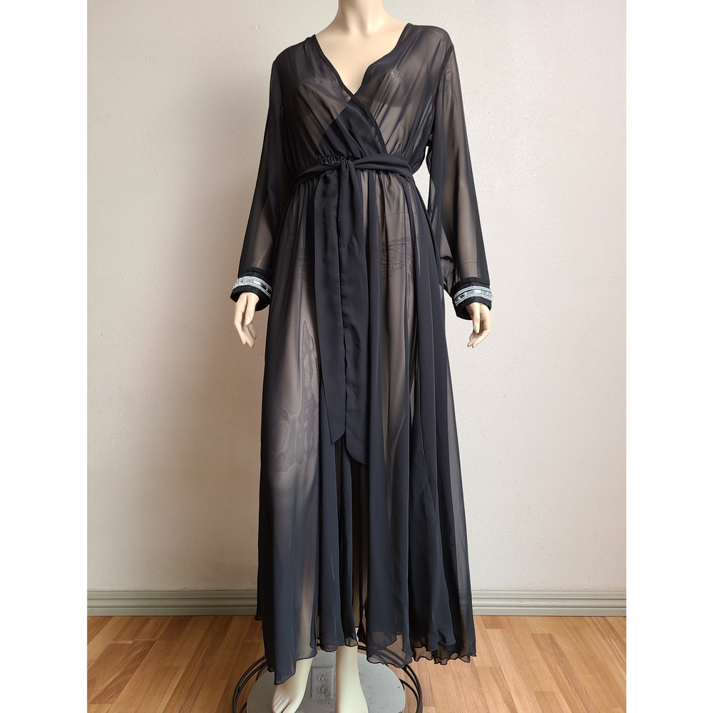 Sheer Faux Wrap Robe w/ rhinestone trim - Picture 2 of 8
